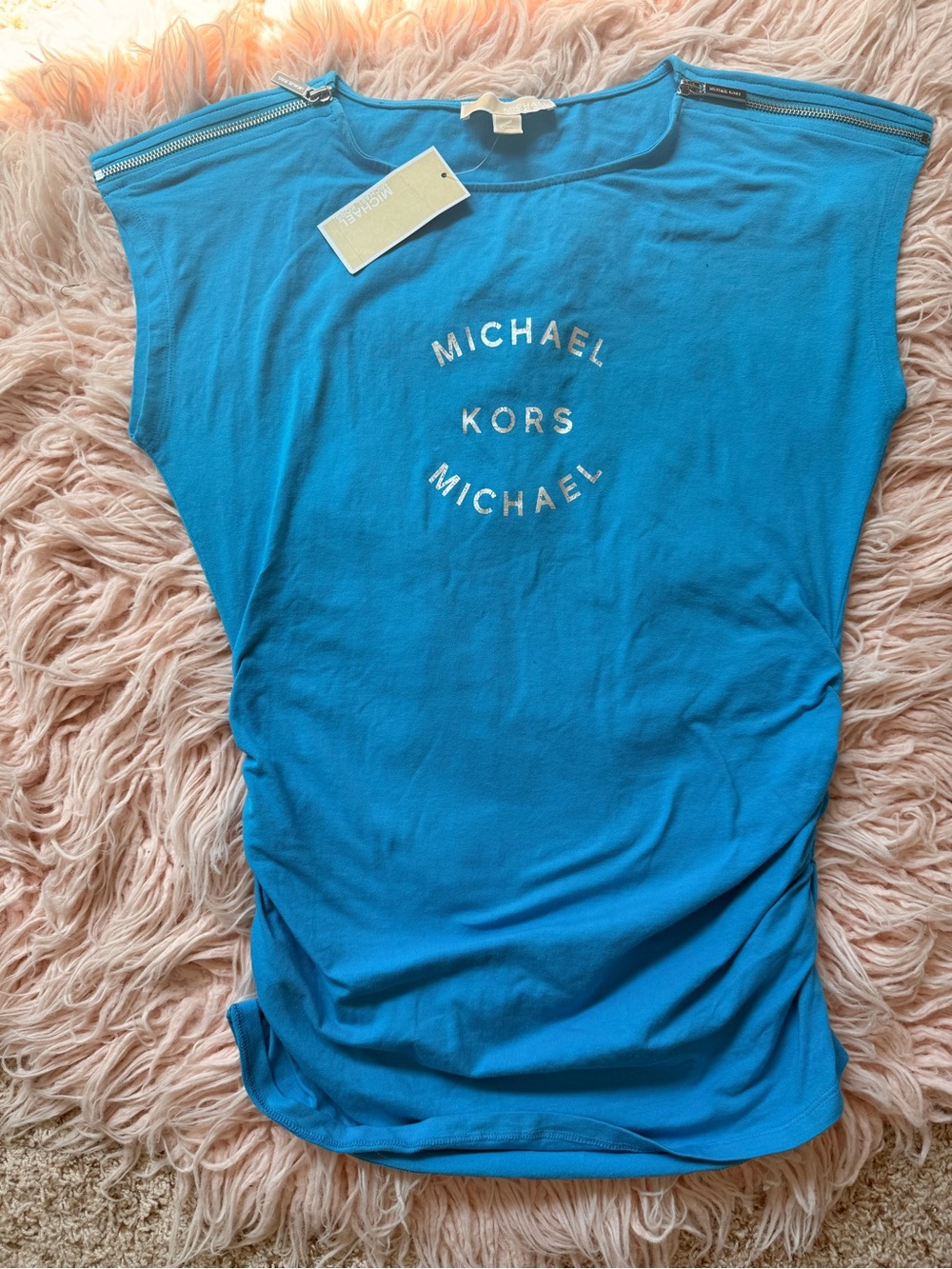 Michael Kors Turquoise Logo Short Sleeve Tee with Shoulder Zippers